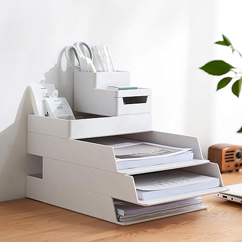 Miniatura 4 de Sheebo Accesorios organizadores de escritorio de plástico, bandeja de papel apilable de 2 piezas, para uso doméstico u oficina. (blanco crema,