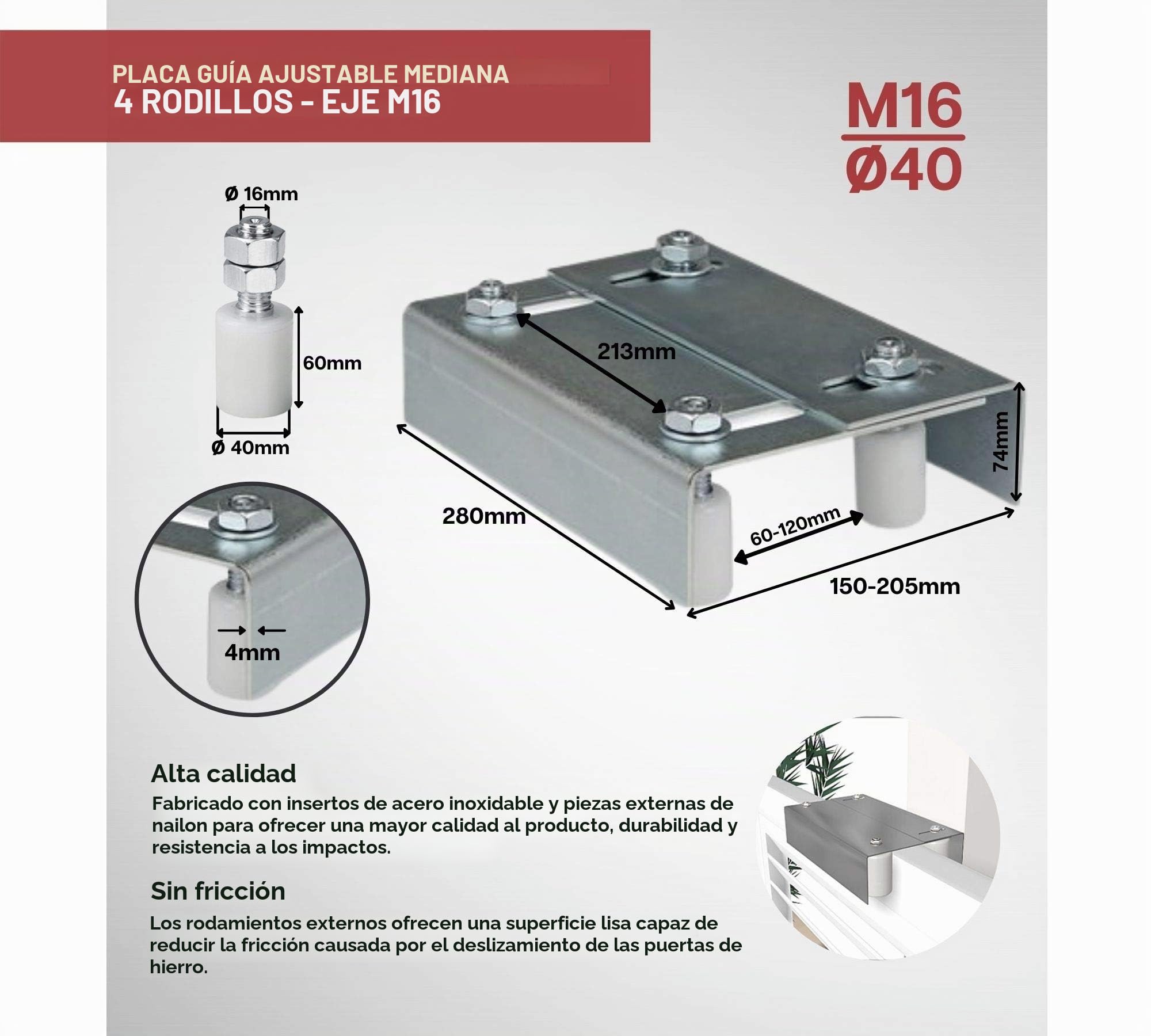 DOJA Industrial | Guia de Piso Ajustable Puerta Corredera | 4 Ruedas Medianas | Soporte para Puertas Deslizantes con Cojinetes de Nylon | Portón Electrico Automatico, Puertas Correderas, Granero