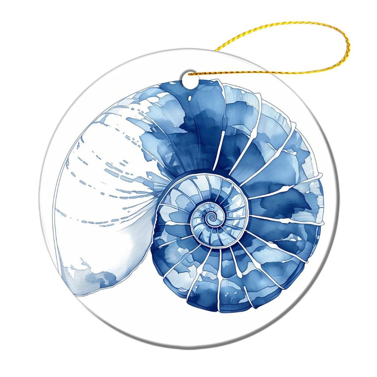 Jubonexis White Watercolor Blue Spiral Shell Christmas Tree Hanging Ornaments,2 Pieces, 7.2Cm Round Double-Sided
