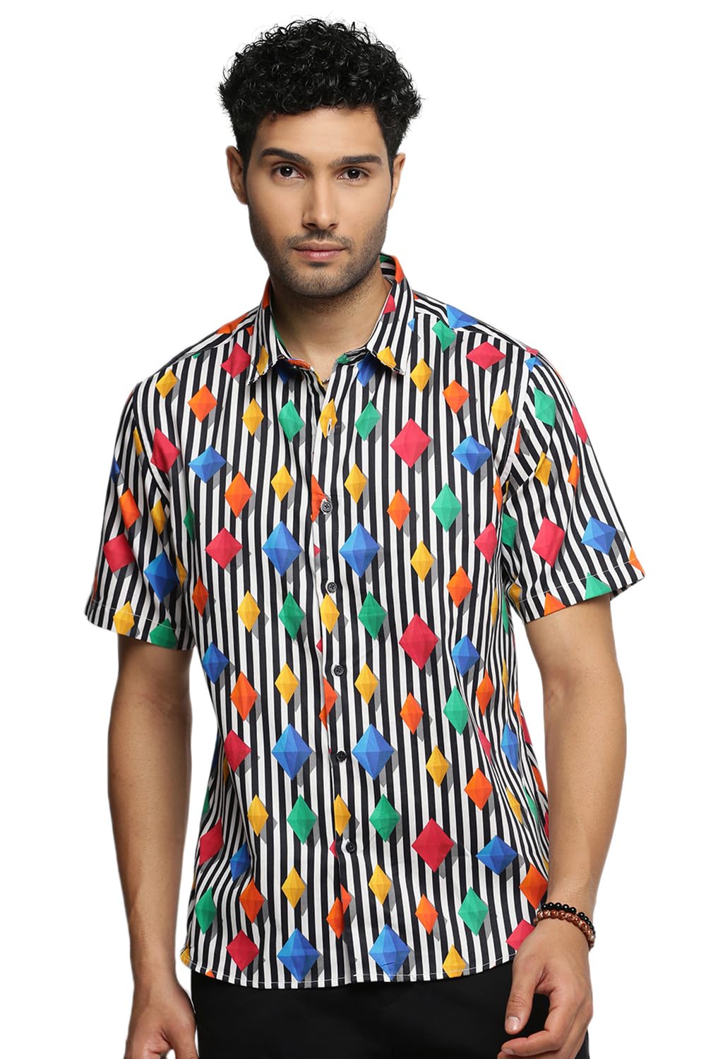 SHOWOFFFFSHOWOFF Men's Short Sleeves Spread Collar Vertical Stripes Multi Slim Fit Shirt -Hiwaga-1968_Multi