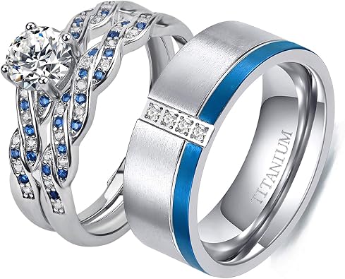 Couple Ring Bridal Set His Hers White Gold Plated CZ Stainless Steel Wedding Ring Band Set