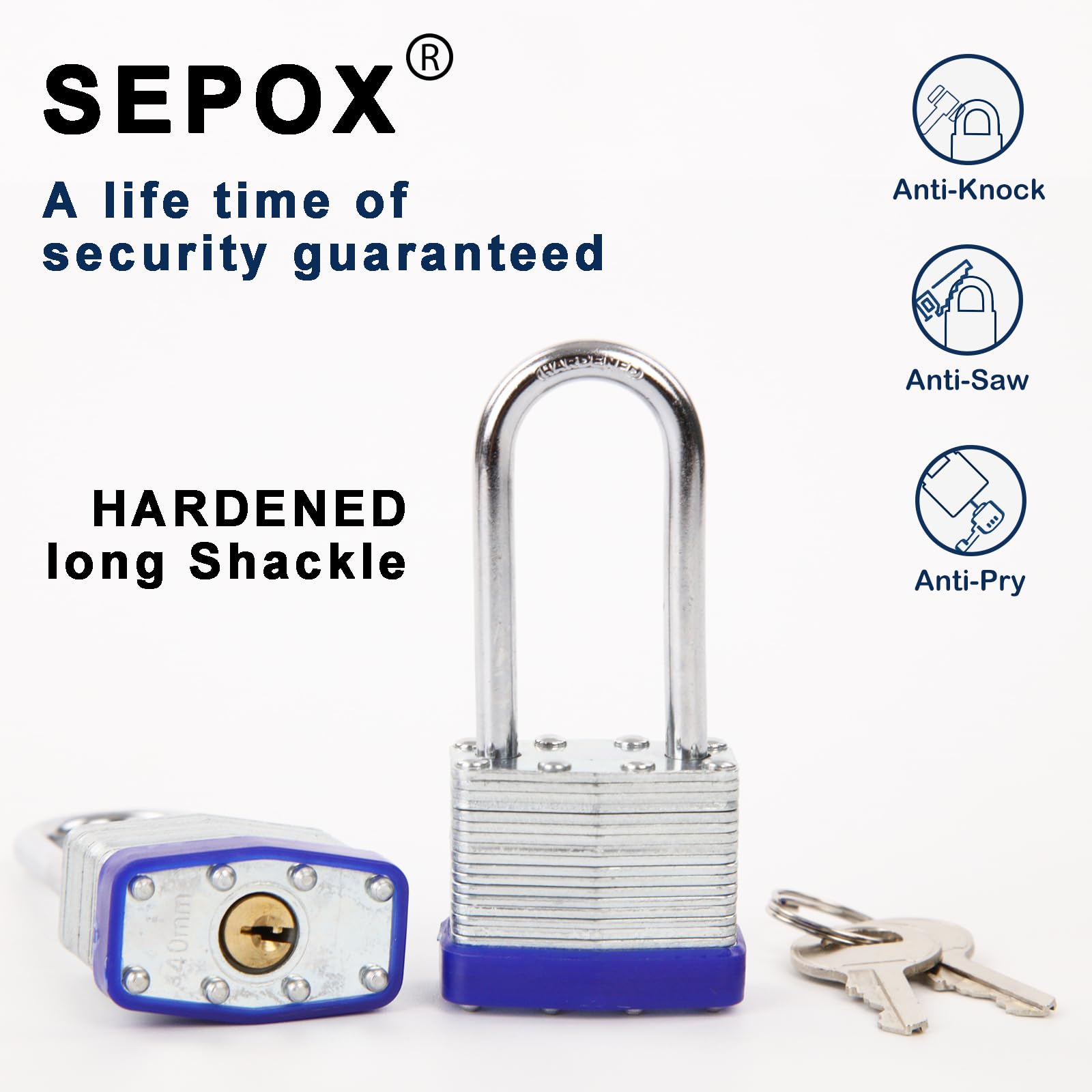 SEPOX® Lucky - Set di 7 lucchetti laminati con chiave uguale in acciaio temprato, con arco lungo, confezione da 7 pezzi, 40 mm, corpo in acciaio resistente, ogni serratura con 2 grandi chiavi - stessa