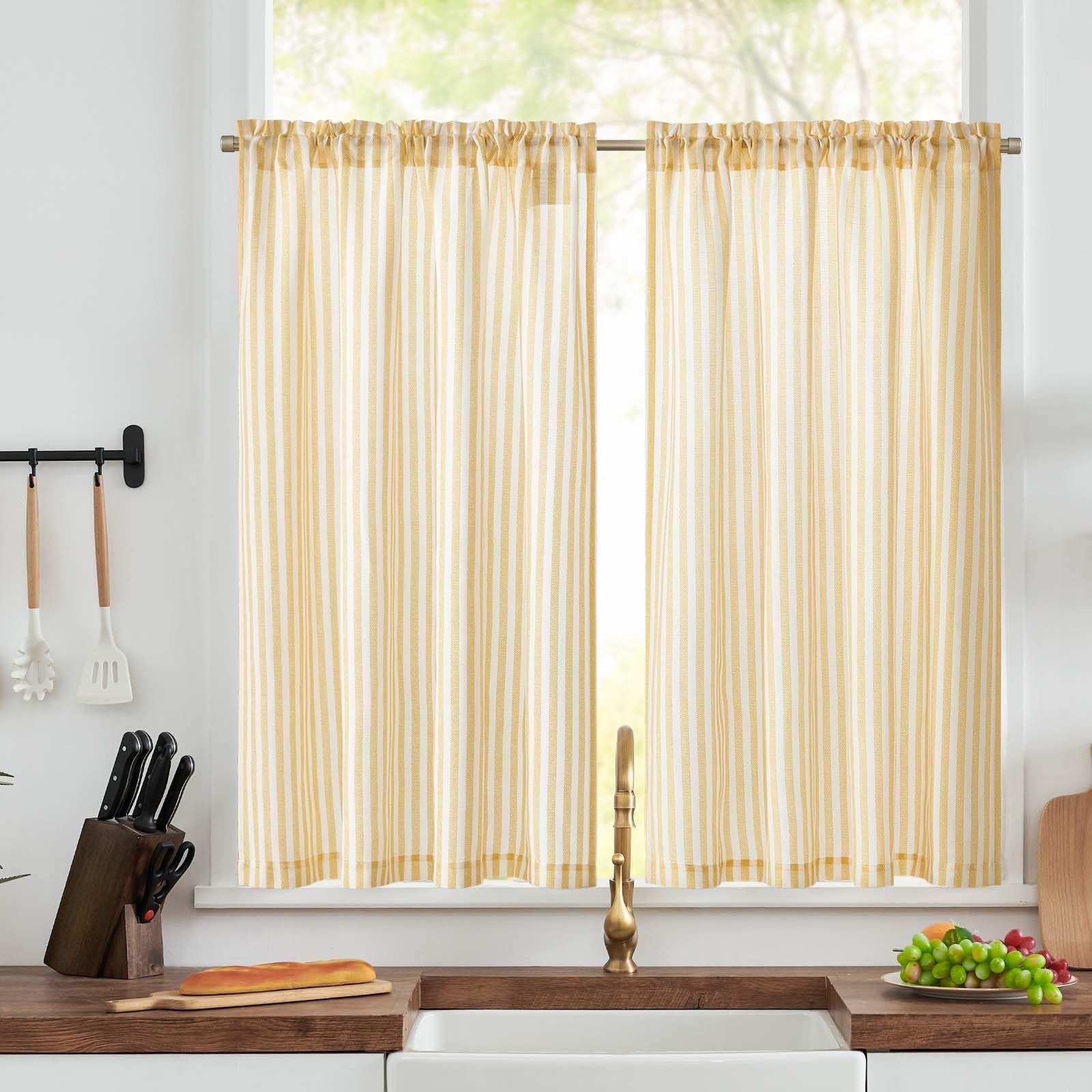 TOPICK Kitchen Curtains, Half Window Cafe Curtains, Yellow Stripe, W36xL45