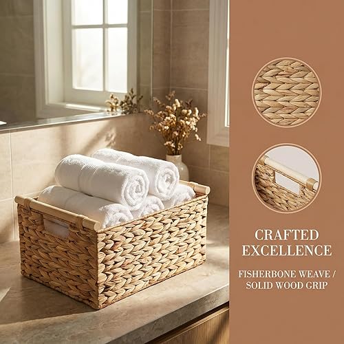 Miniatura 5 de Cesta rectangular grande de mimbre con asas de madera incorporadas, cesta tejida de jacinto de agua para organizar, estantes de utilidad, cesta