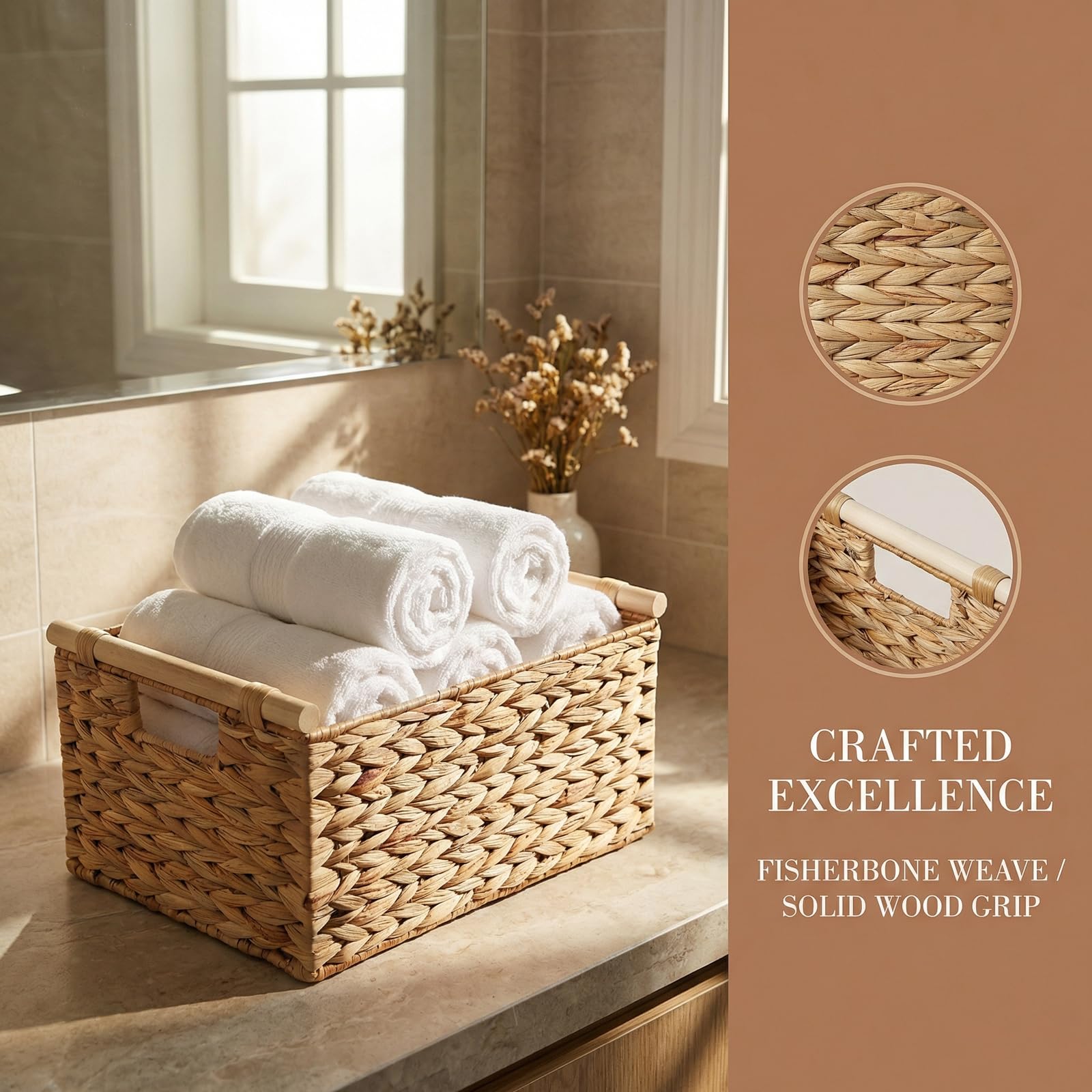 BSTNASI Large Rectangular Wicker Basket With Built-in Wooden