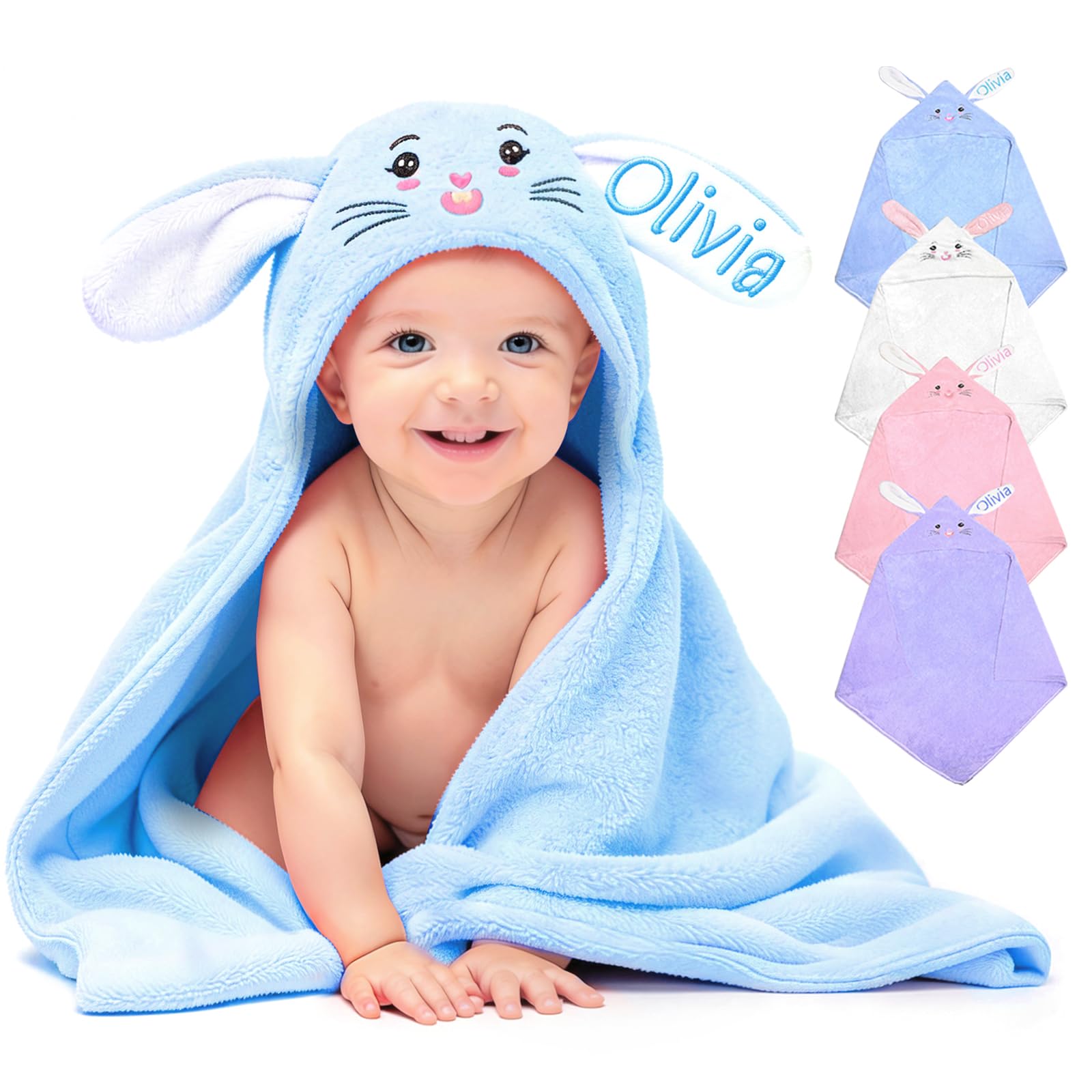 Baosity Custom Hooded Baby Towel with Name, Personalized Soft Absorbent Bunny Bath Towel, Shower Towels for Girls Boys, Easter Brithday for Kids, Baby