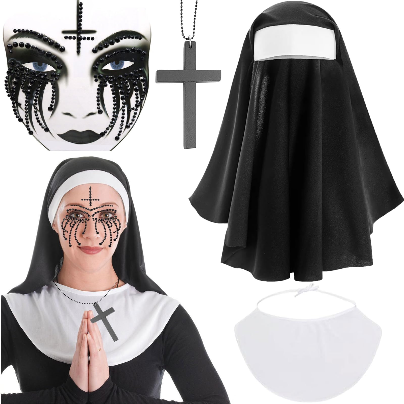 Grusel-Nonnen Kostüm Für Damen – 4-teiliges Set Mit Haube, Kragen, Kreuzkette & Strass-Gesichtssteinen Für Halloween & Cosplay