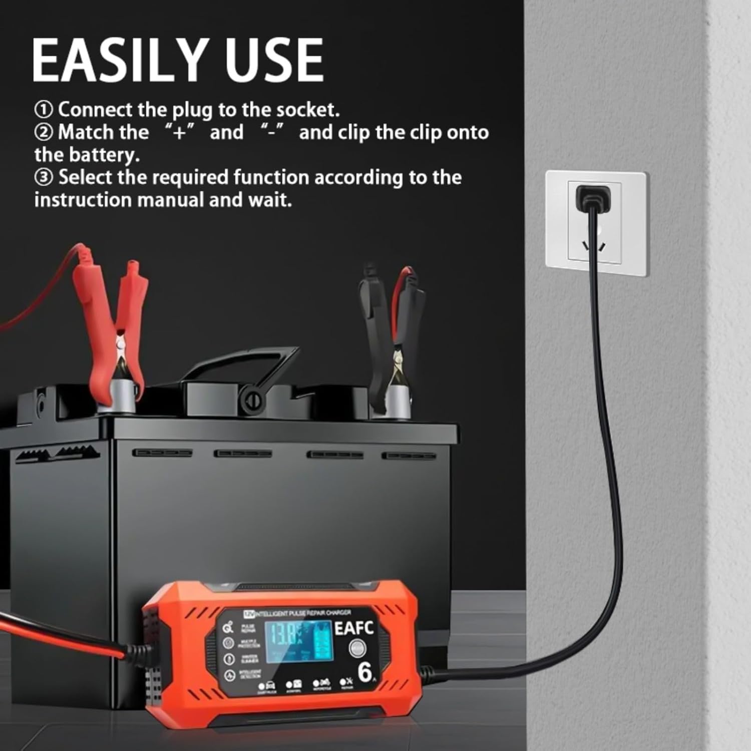 Diagram showing steps to connect the EAFCAuto charger: plug into socket, connect clamps to battery, select function.