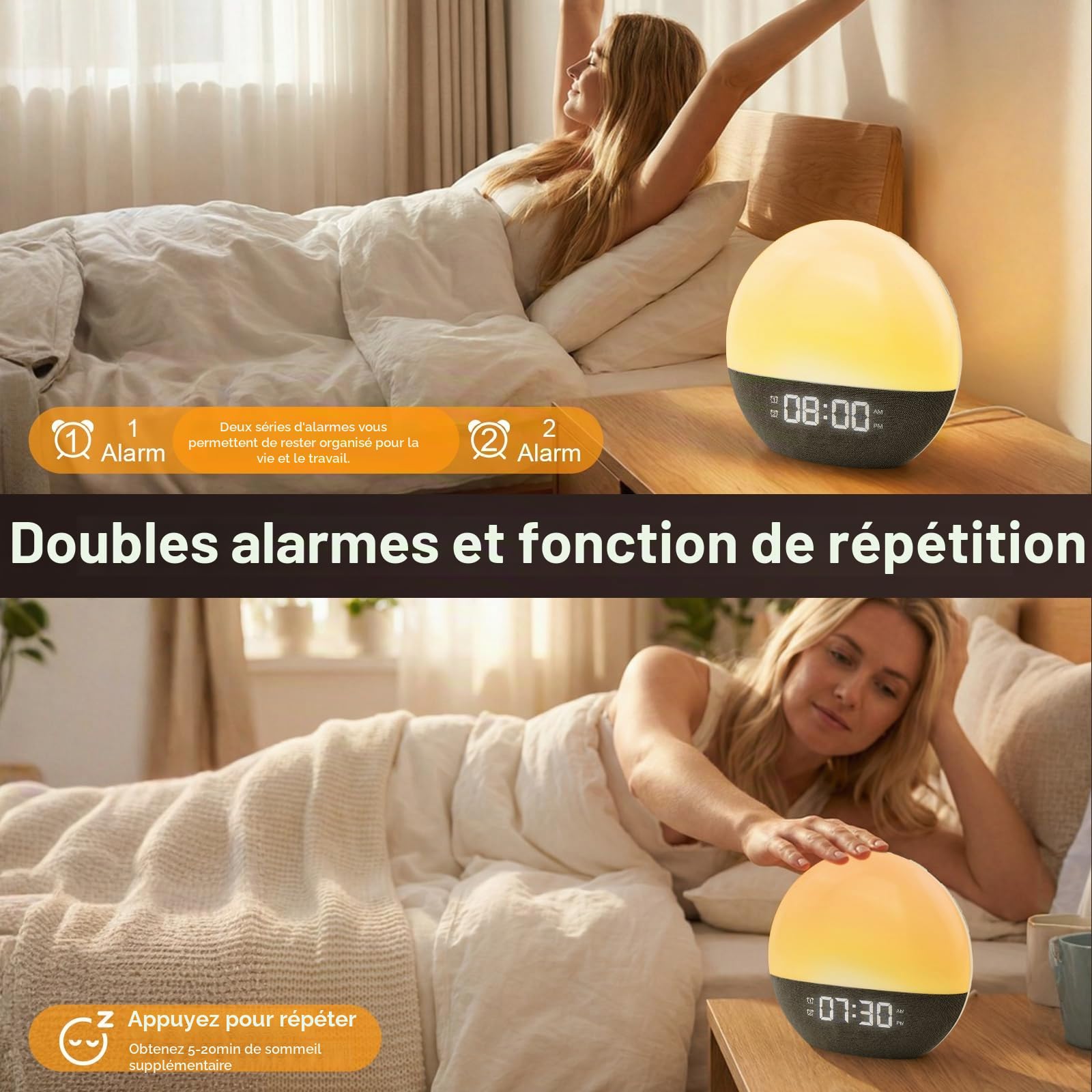 Reveil Lumineux,Reveil simulateur d'aube,Réveil luminothérapie,Sunrise alarm clock,Simulateur d'Aube et Crépuscule,20 Niveaux de Luminosité,24 Sons Naturels,Pour Ambiance Adultes et Enfants