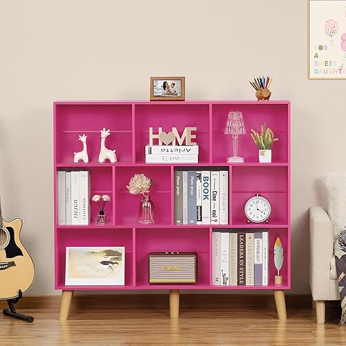 Miniatura 4 de LEYAOYAO Estantería de 10 cubos, estantería ancha moderna de 3 niveles con patas, estantería de madera de mediados de siglo, estuche grande rosa,