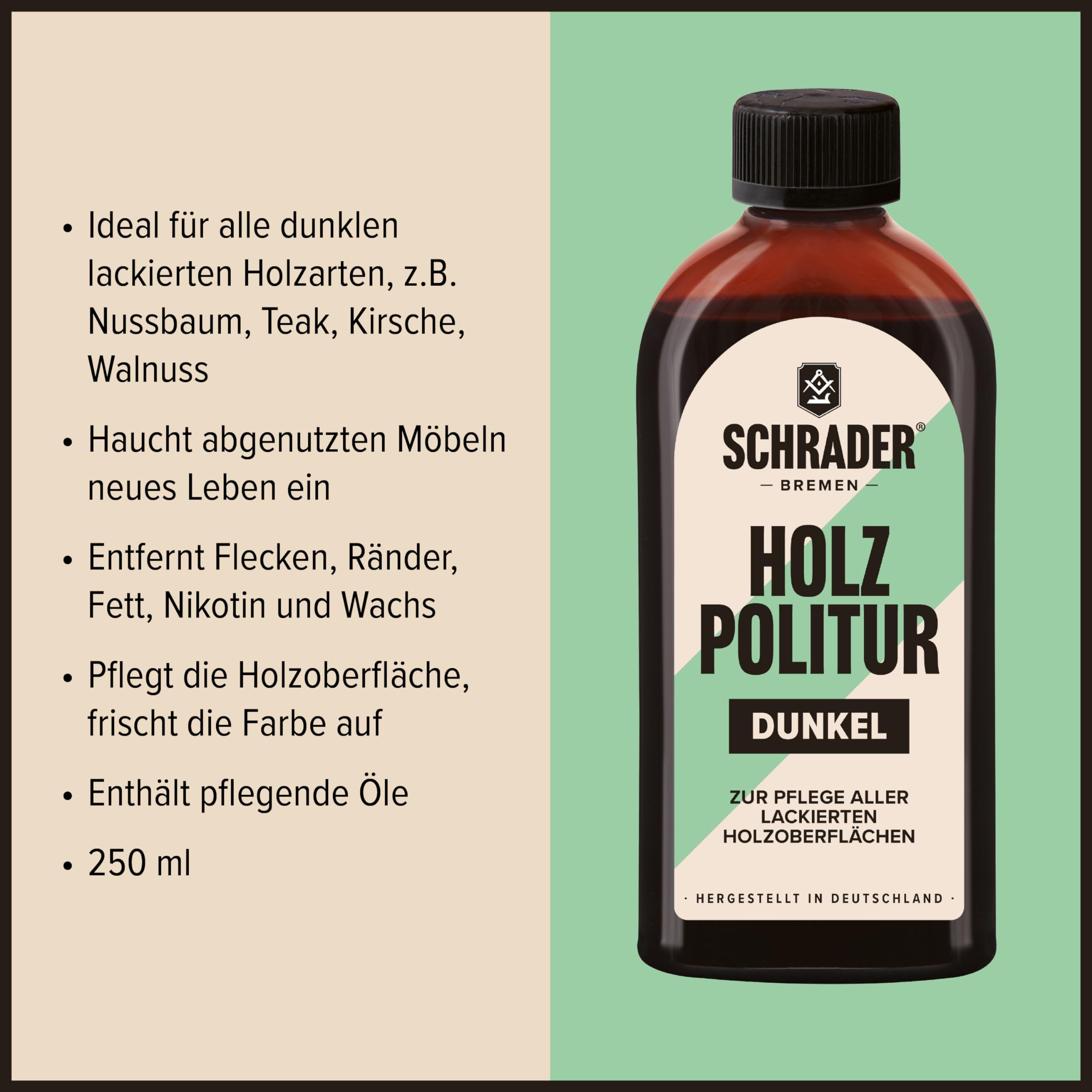 SCHRADER Polish pour bois foncé – Polissage pour meubles – Rafraîchit les meubles en bois laqués – 1 x 250 ml – Avec chiffon de polissage – Fabriqué en Allemagne
