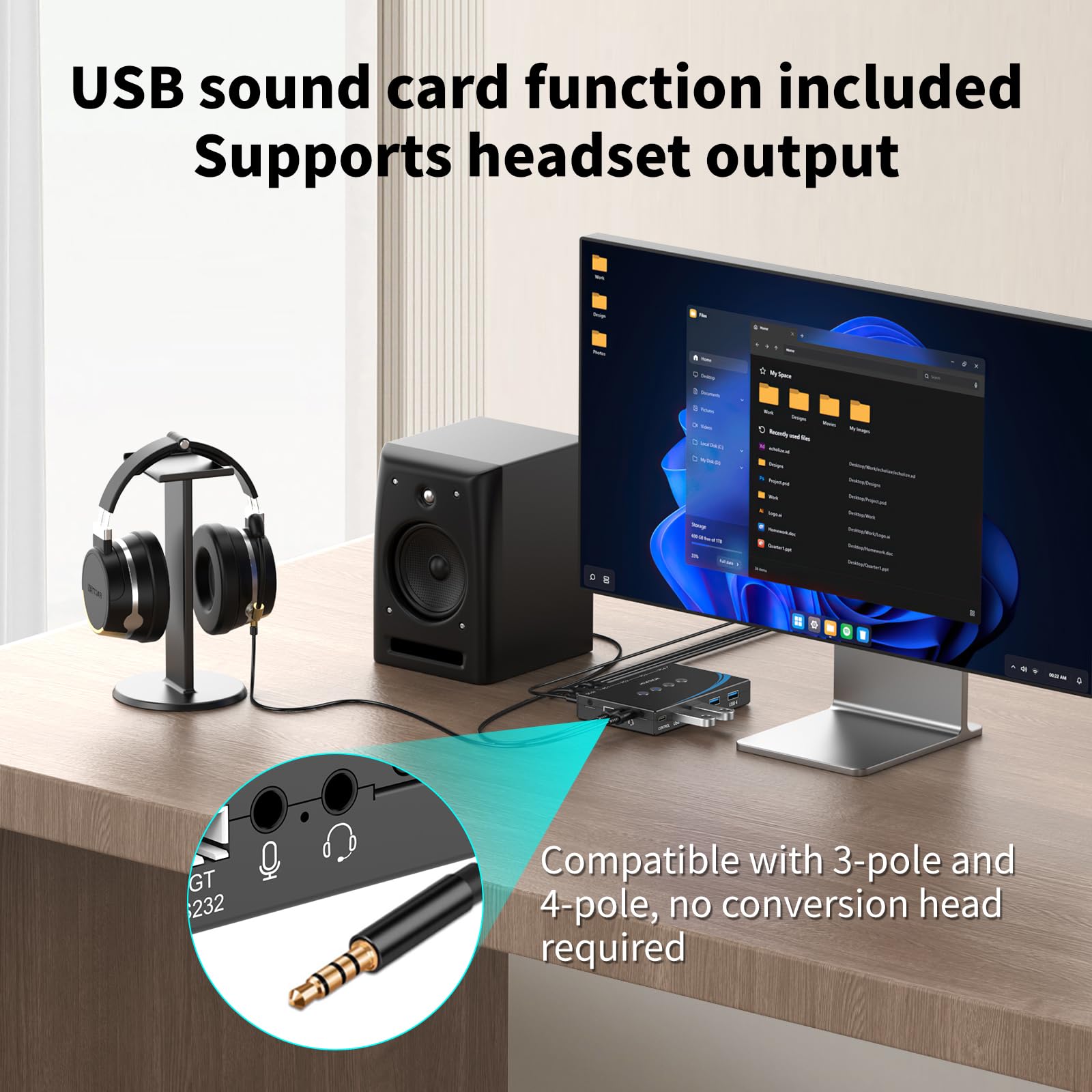 Interruptor USB 3.0, 4 ordenadores, compartiendo 4 periféricos USB, mouse, teclado, escáner, impresora con conector de auriculares de 3,5 mm, salida de audio, incluye 4 cables USB 3.0 y controlador de