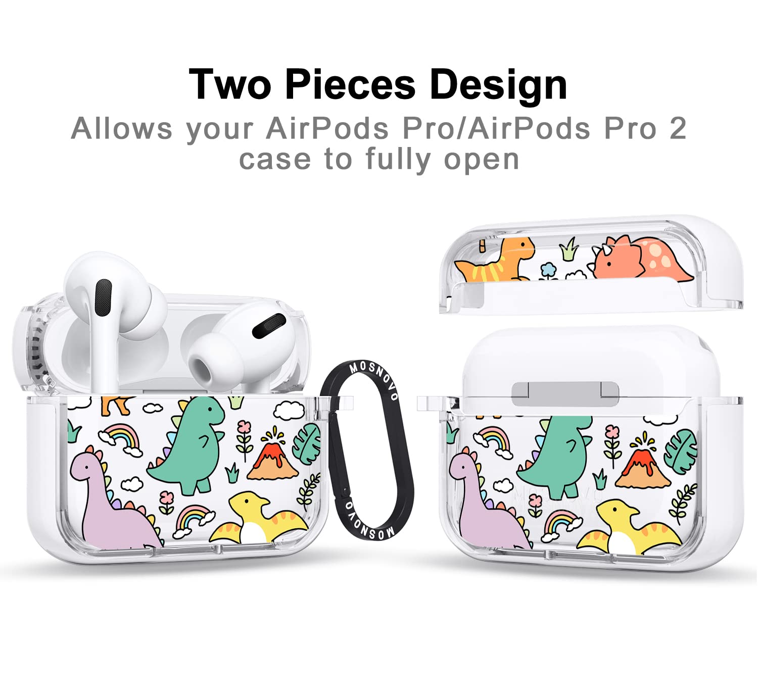 MOSNOVO Case for Airpods Pro & Airpods Pro 2, Protective Clear Case with Shockproof Dual Layer Hard Luxe Metal Ring Designed for Airpods Pro 2 Generation - Dinosaur Land - 2