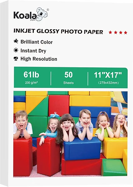 Koala Heavyweight Thick Glossy Photo Paper 11X17 Inches for Inkjet Printing Use Dye Ink 50 Sheets 61LB