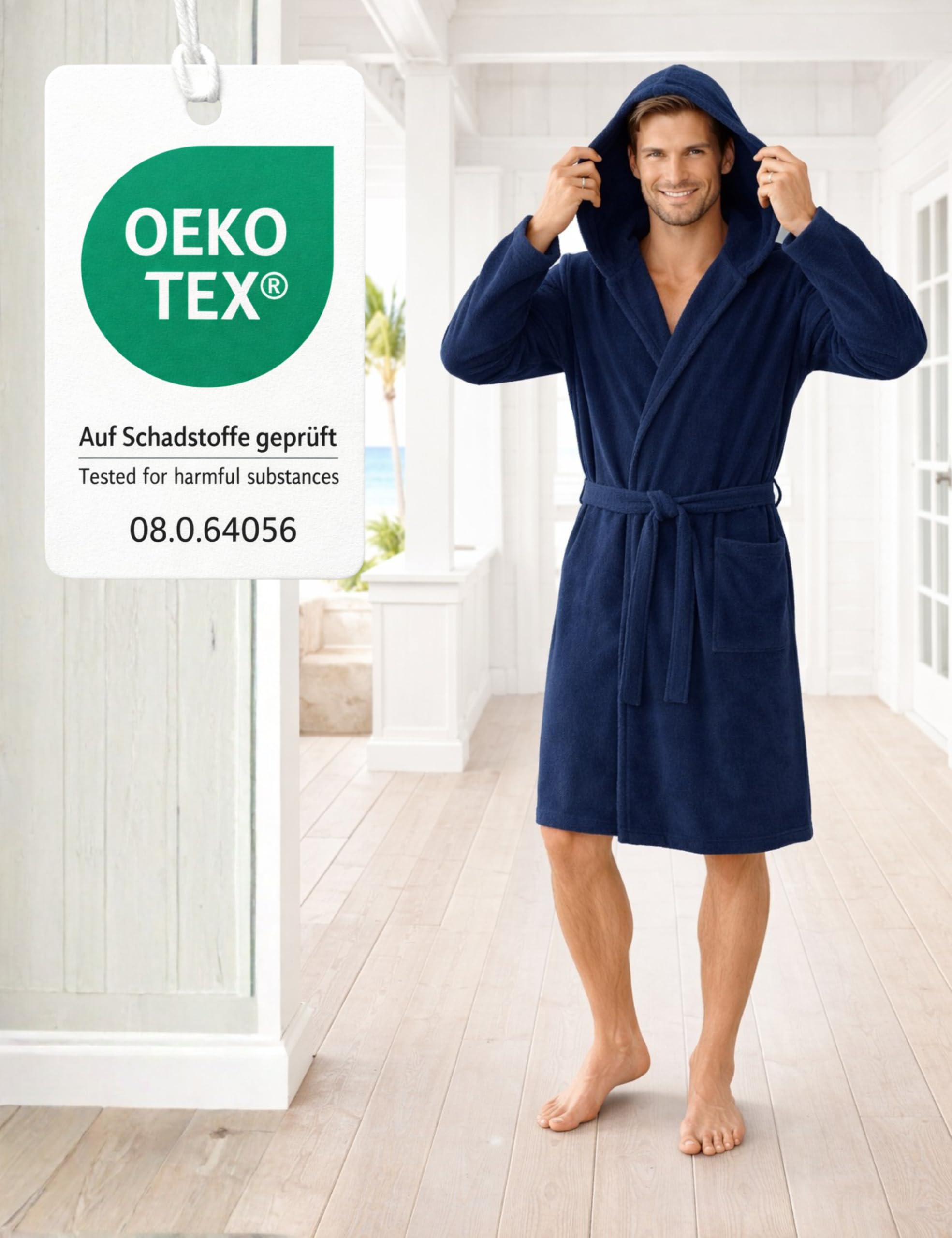 Morgenstern Bademantel Herren Leicht-Frottee Dünn 100% Baumwolle Kurz mit Kapuze Oeko-Tex-Standard