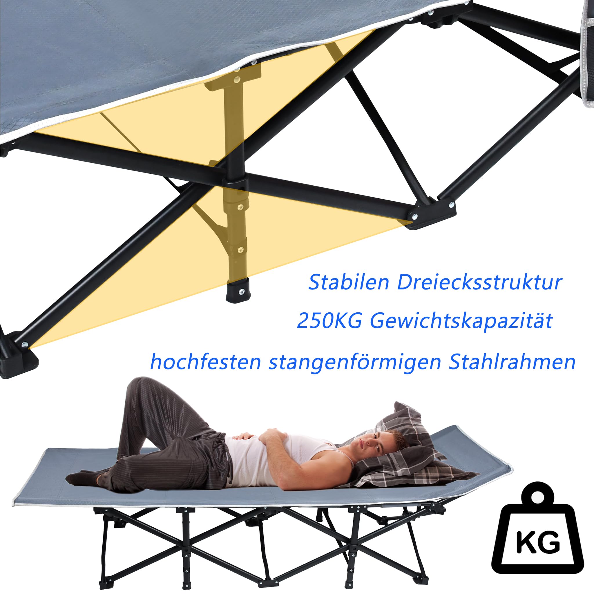 Szare składane łóżko polowe, łóżko kempingowe, łóżko kempingowe, składane, z kieszenią boczną i torbą transportową, do 250 kg, na kemping, podróż, łóżko dla gości, na kemping, do użytku