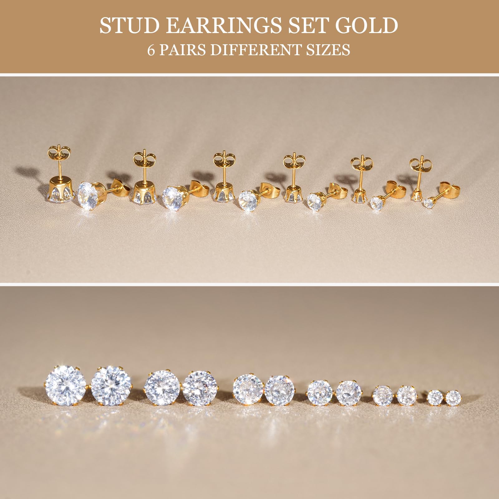 6 Pairs Hypoallergenic Stainless Steel Stud Earrings Cubic Zirconia Earrings Set 14K Gold Plated Multipack 3-8mm