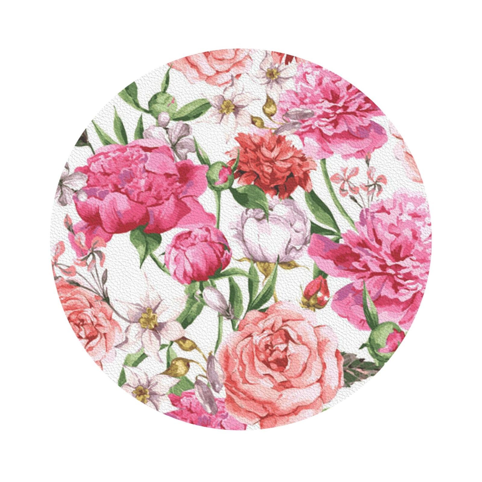 Garden Peony PU Leather Coasters Set of 6 Round Drink Coasters