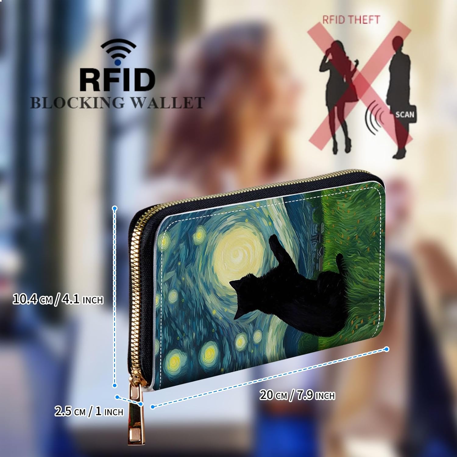 Womens Wallet, Large Capacity RFID Blocking PU Leather Wristlet Wallets for Women Ladies Men Credit Card Holder Zipper Wallet Phone Holder Clutch Travel Purse, Art Black Cat - Image 2