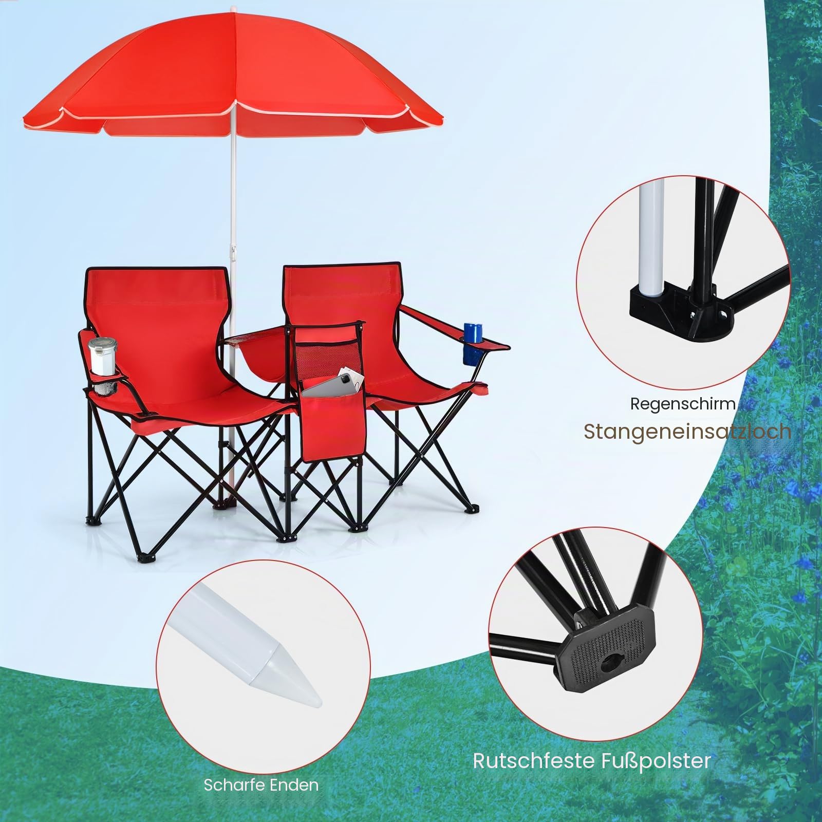 GIANTEX 2er Partner Campingstuhl mit Sonnenschirm, klappbarer Doppel Angelstuhl mit Getränkehalter & Kühltasche, Klappstuhl für 2 Personen, Anglerstuhl in Tasche, Faltstuhl Doppelsitzer