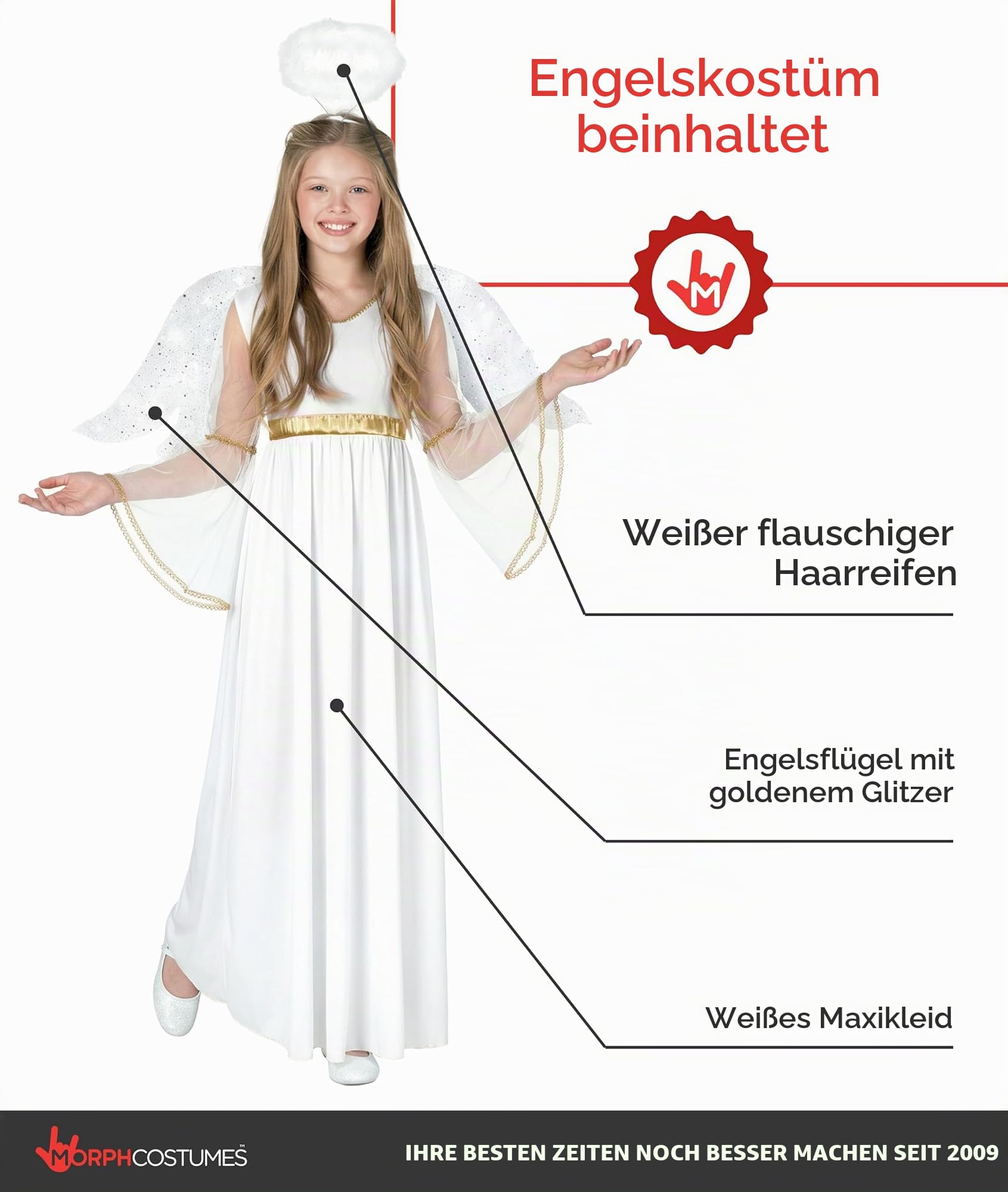 Morph Engel Kostüm Kinder, Himmlisches Halloween Kostüm Kinder | Kleid, Flügel & Heiligenschein, Weiß-goldenes Design, Zum Überziehen, Perfekt für Halloween, Ideal für Rollenspiele
