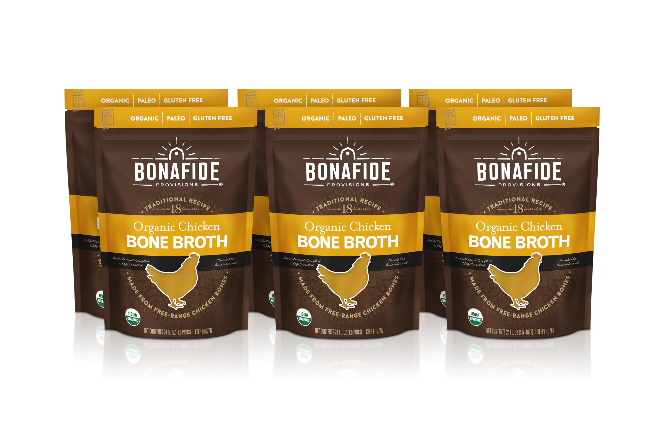 Bonafide Provisions Fresh Organic Chicken Bone Broth, Frozen 24 fl oz – Gluten-Free, Paleo, and Keto. For Sipping & Cooking, Pack of 6