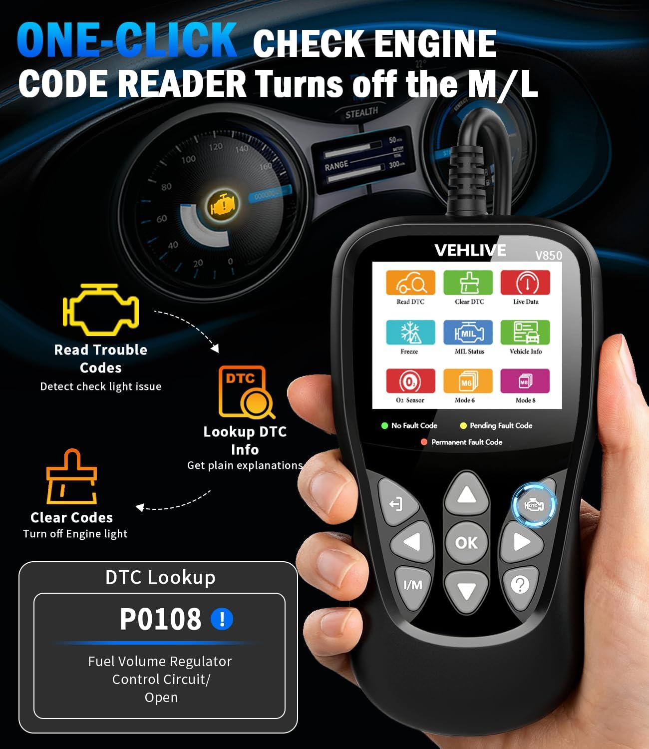 OBD2 Scanner Diagnostic Tool, VEHLIVE V860 Car Code Reader for Check Engine Light with Reset, I/M Readiness, Battery Tester, Live Data, CAN Diagnostic Scan Tool for All OBDII Vehicles After 1996