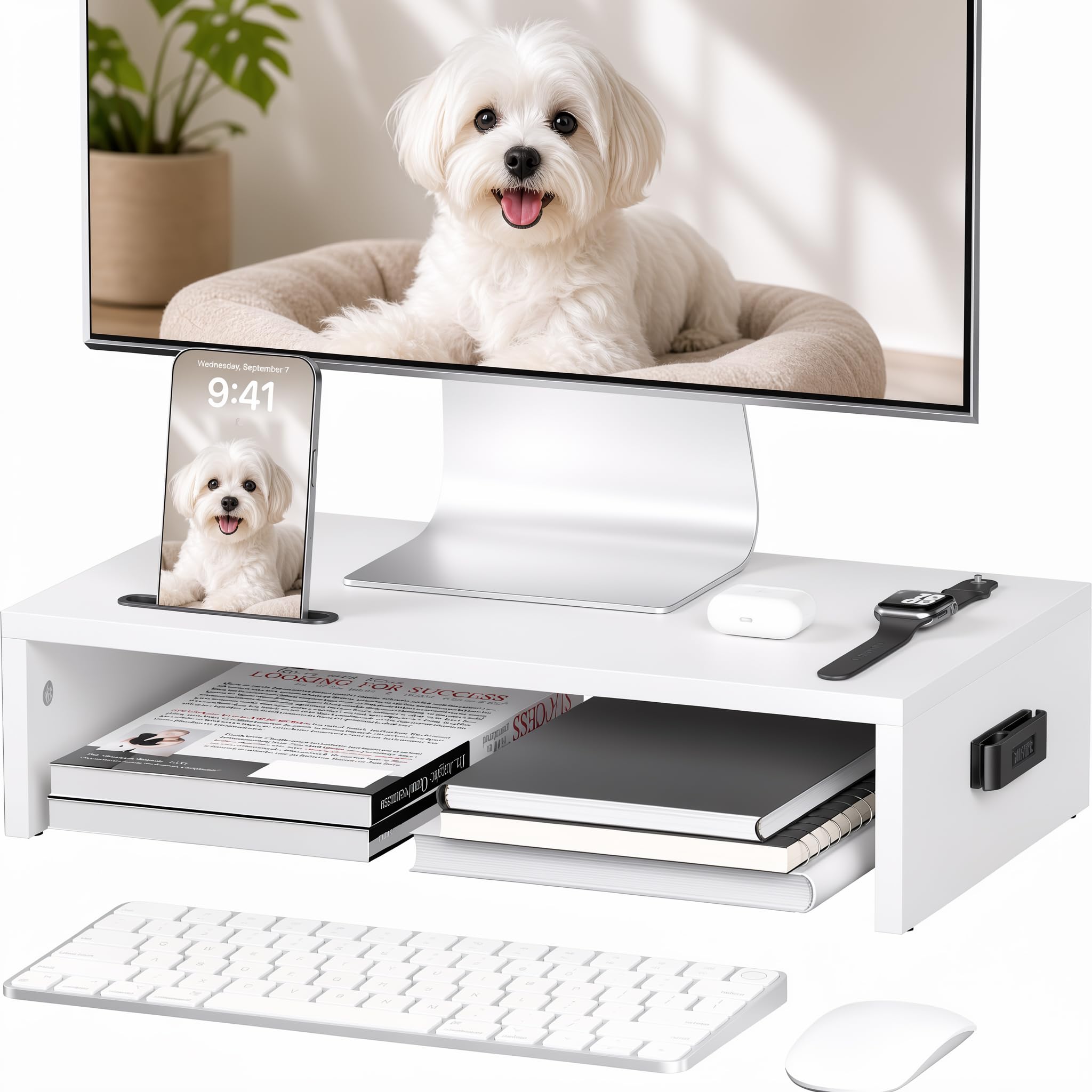 BONTEC Monitorständer 42 cm mit Handyhalter, 30kg Monitor Stand PC, Weiß | Mehr Ordnung am Schreibtisch mit Kabelführung, ideal für Laptop und Drucker im Büro, Homeoffice oder Zuhause
