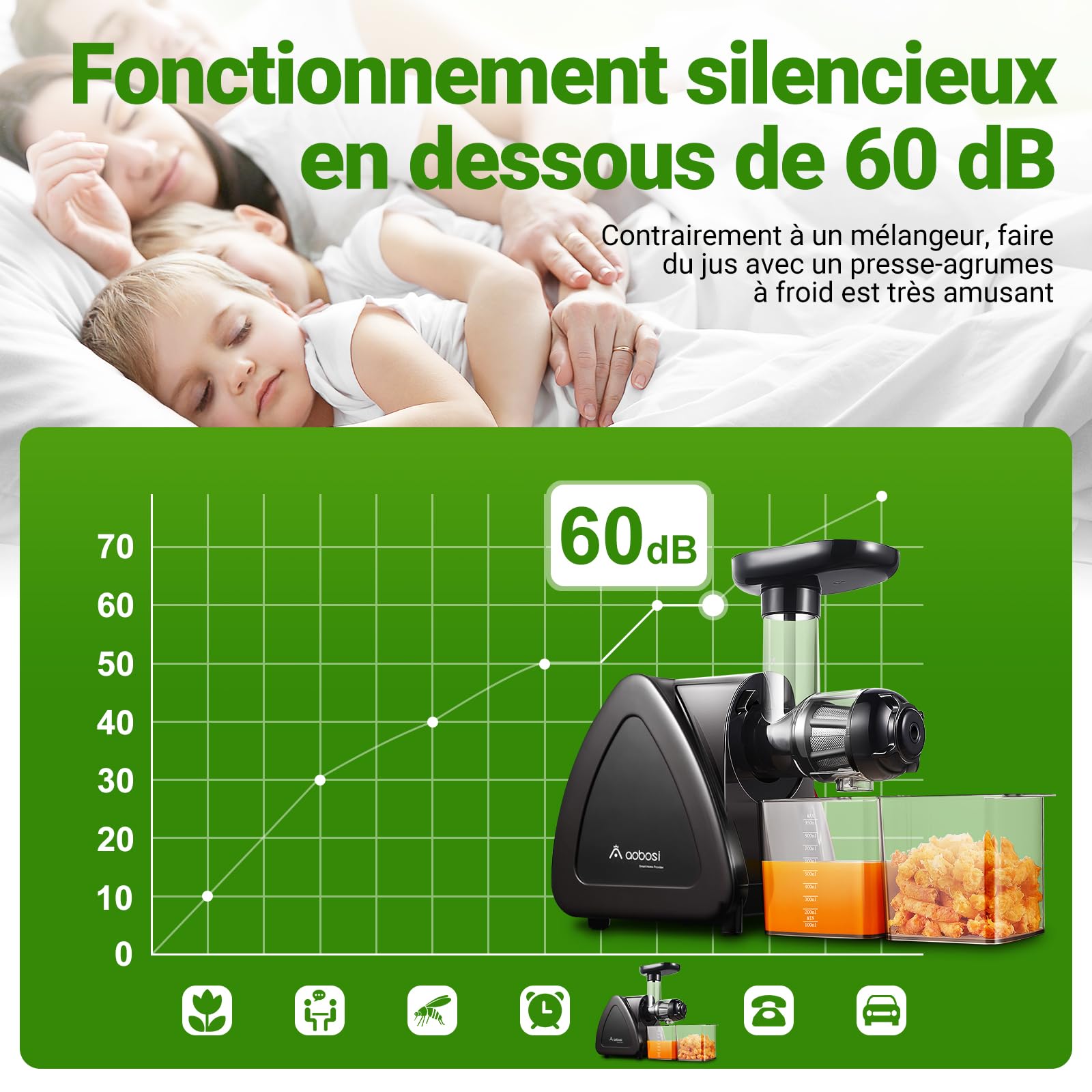 Aobosi Extracteur de Jus Sans BPA, Moteur Silencieux, Fonction Reverse, Noir