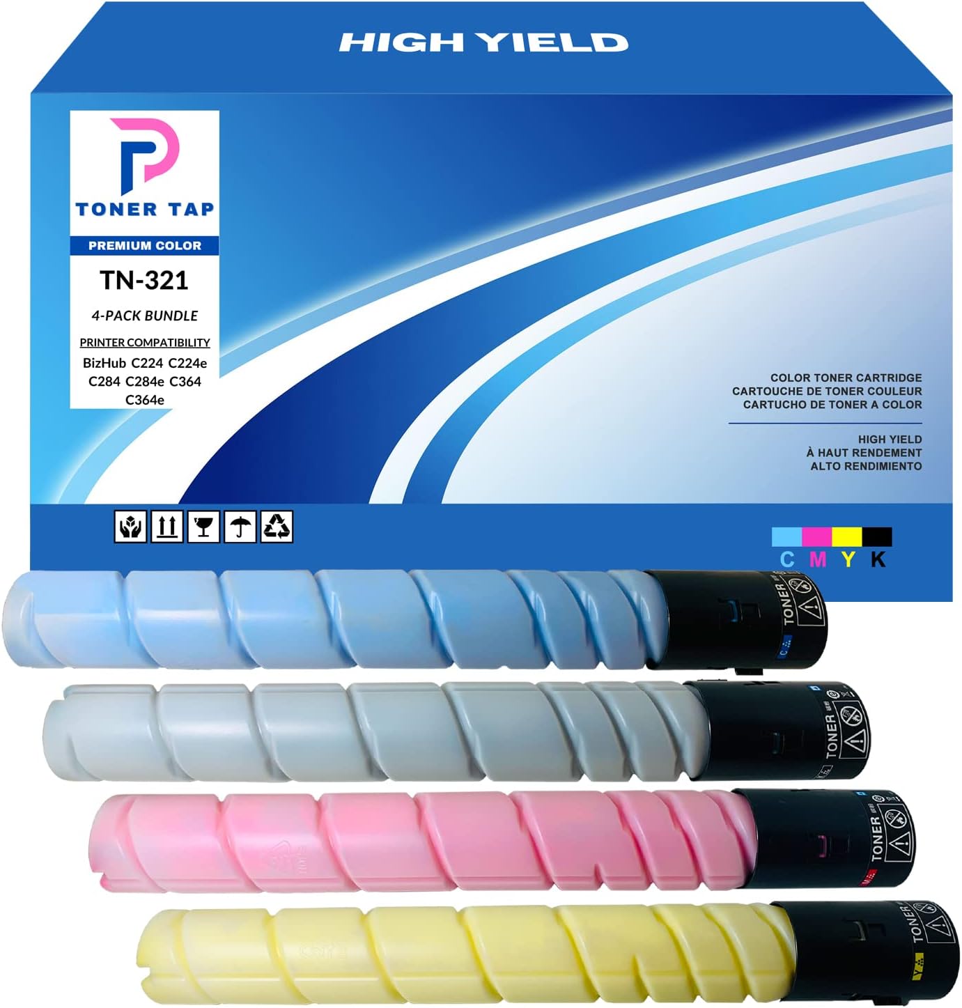 Toner Tap KMC224 for TN321K TN321C TN321M TN321Y Compatible with Konica Minolta BizHub C224 C224e C284 C284e C364 C364e (High Yield, 4-Pack Bundle)