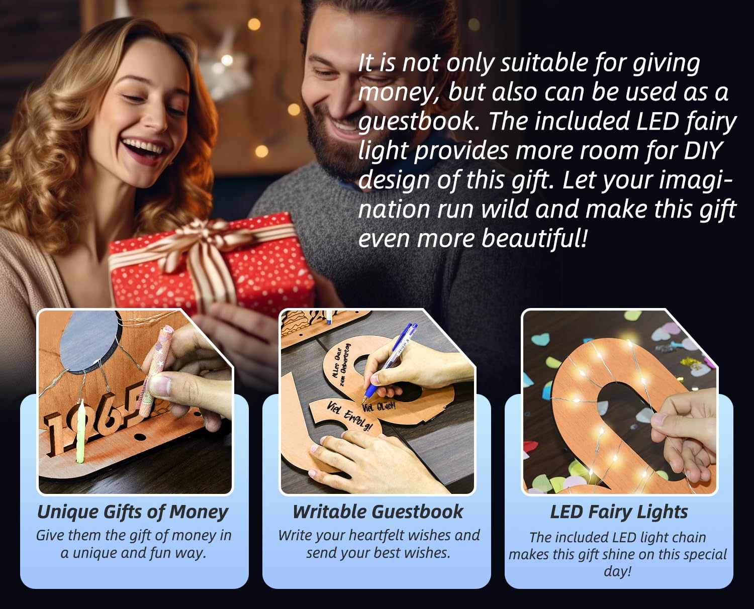 Giftota 2025 Originale Libro Degli Ospiti in Legno per Uomo e Donna - 30 Anni Regali Creativi in Denaro - Regalo di Compleanno in Legno per il 30° Anniversario con Luci LED - DIY Decorazioni in Legno