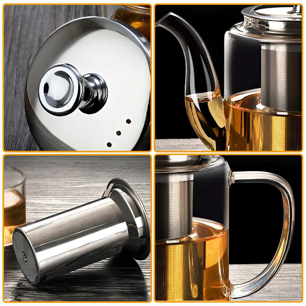 Teiera in Vetro da 650ml, Teiera Resistente al Calore in Vetro Borosilicato Trasparente con Filtro in Acciaio Inox, piccola teiera per foglie sfuse, erbe, frutta, bubble tea | Infusore Tè