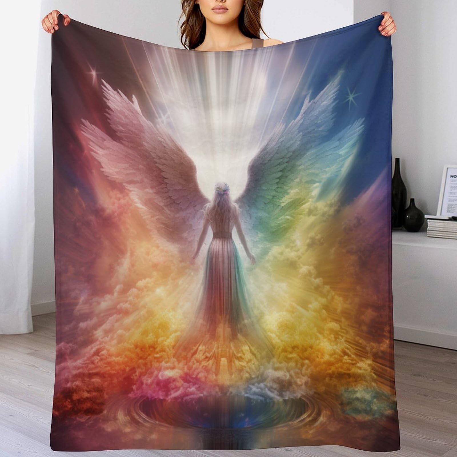Couverture motif ange arc-en-ciel en polaire de flannel douce pour lit et canapé 130x180cm