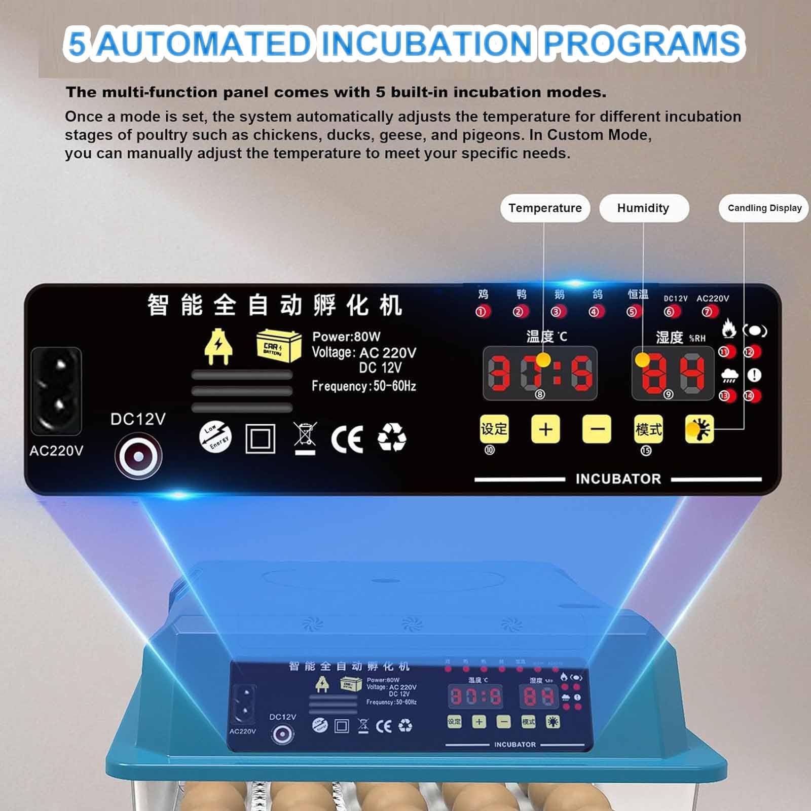 Incubadora automática de huevos, incubadora digital inteligente con giro automático, control de temperatura y humedad, vela integrada, doble potencia para pollo, pato, ganso, huevos de codorniz