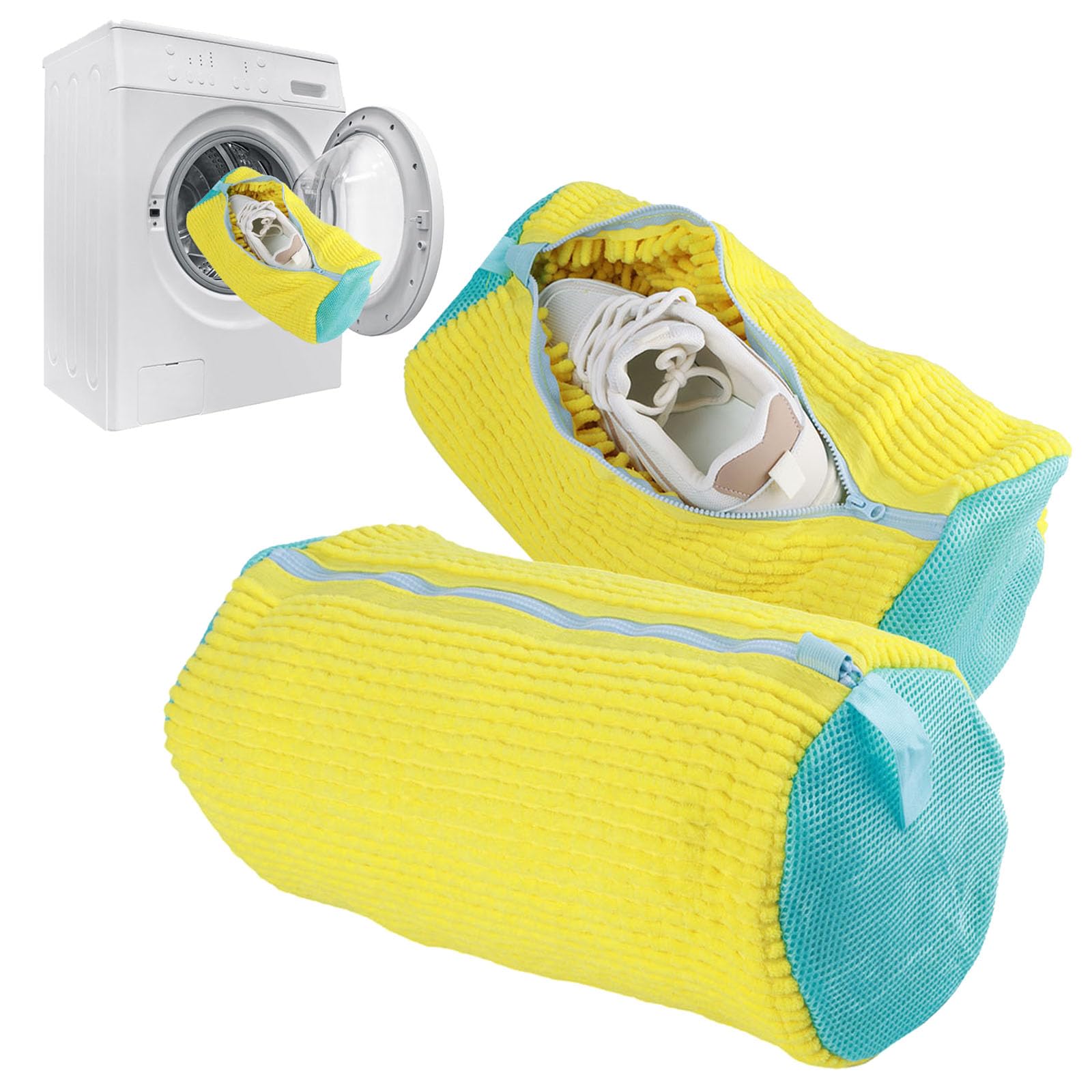 Shoe washing machine bag, laundry shoe bag for washer and dryer, Reusable and Durable Zipper Plush Sneaker Washing Machine Bag for Shoes, Tennis Shoes, delicates and Slippers 360°Cleaning yellow 2pcs