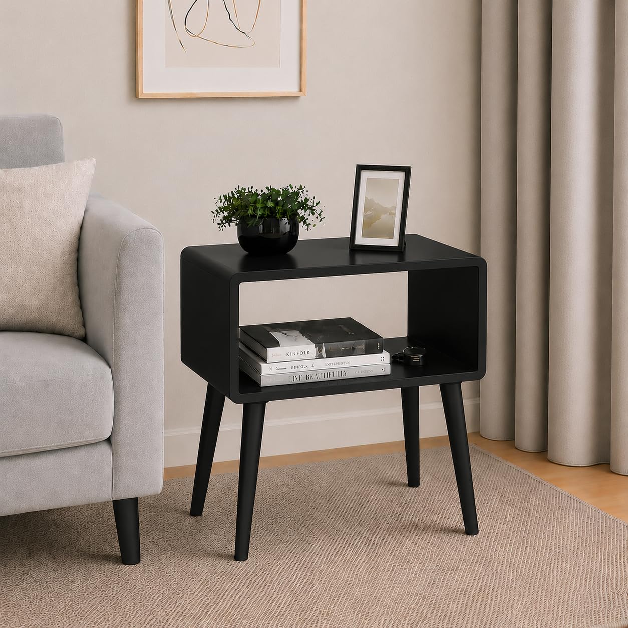 LIVINGLOOM Nightstand, Mid-Century Modern Bedside Table with Solid Wood Legs, Minimalist and Practical End Side Table with Open Storage Shelf, for Living Room/Bedroom (Full Black)
