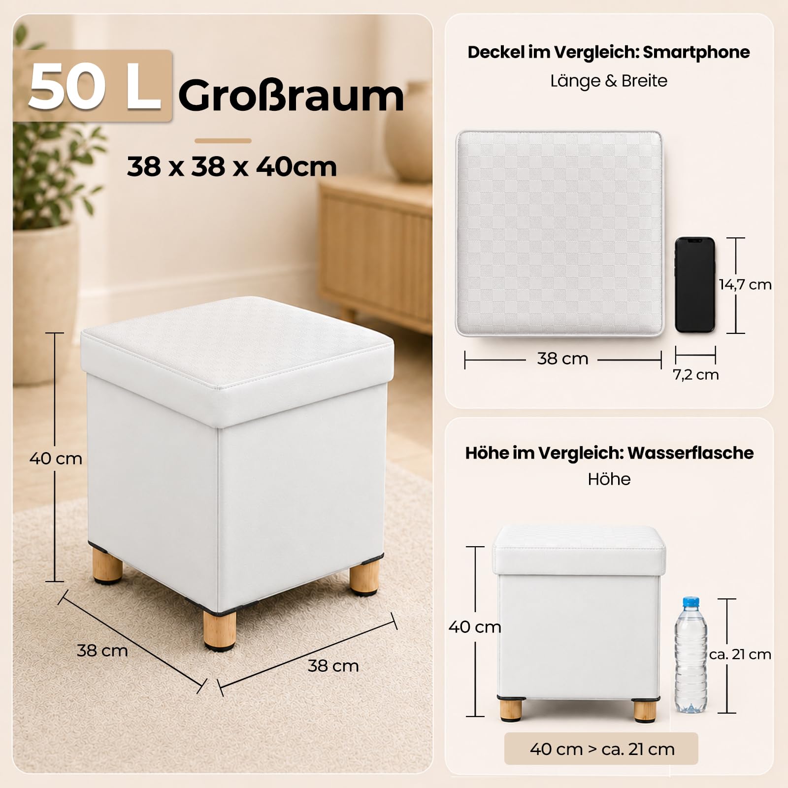 Hocker mit Stauraum, Klappbarer Sitzhocker aus PU, Fußhocker mit Massivholzbeinen, Anti-Rutsch-Pads, Pouf für Wohnzimmer Schlafzimmer Bad(Weiß, L:38 * W:38 * H:40 cm)