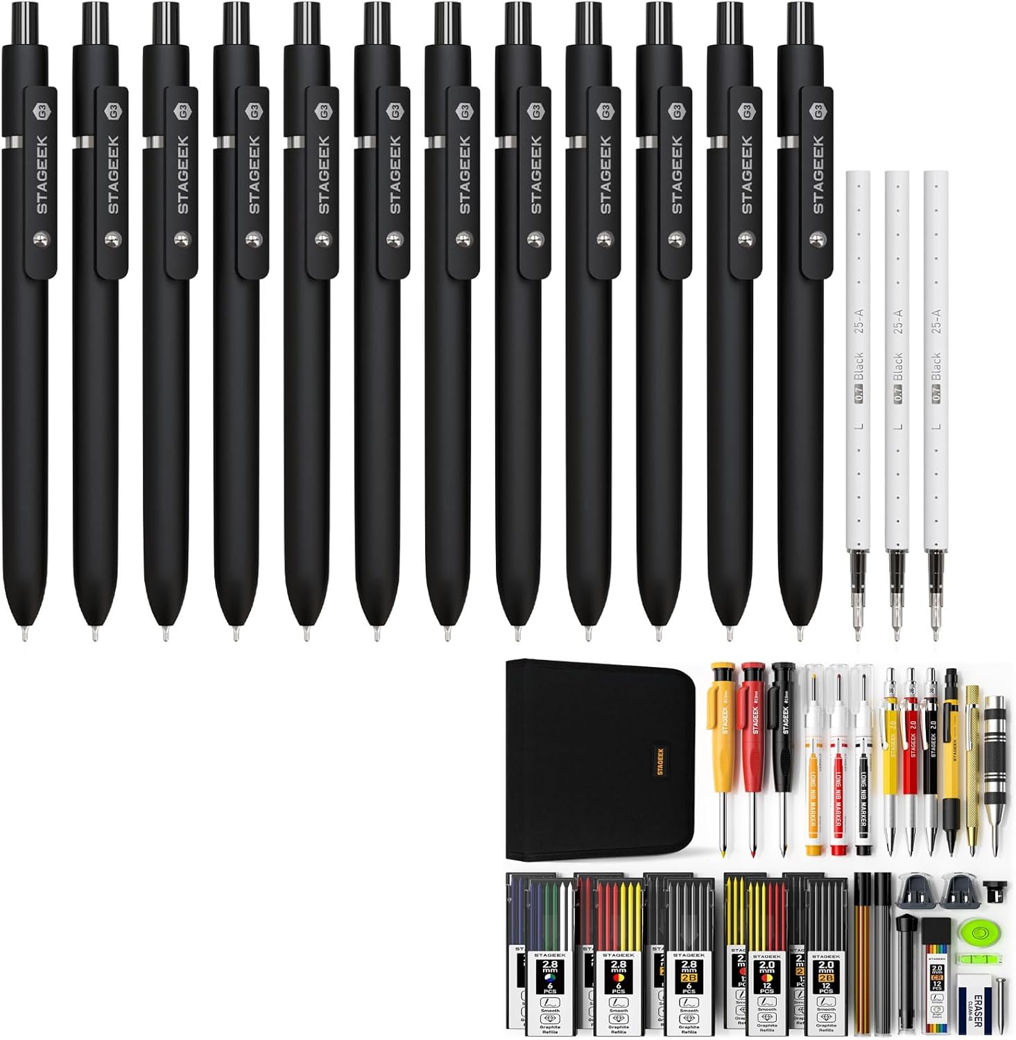 12Pcs Black Gel Pens + 34 Pcs Carpenter Pencil