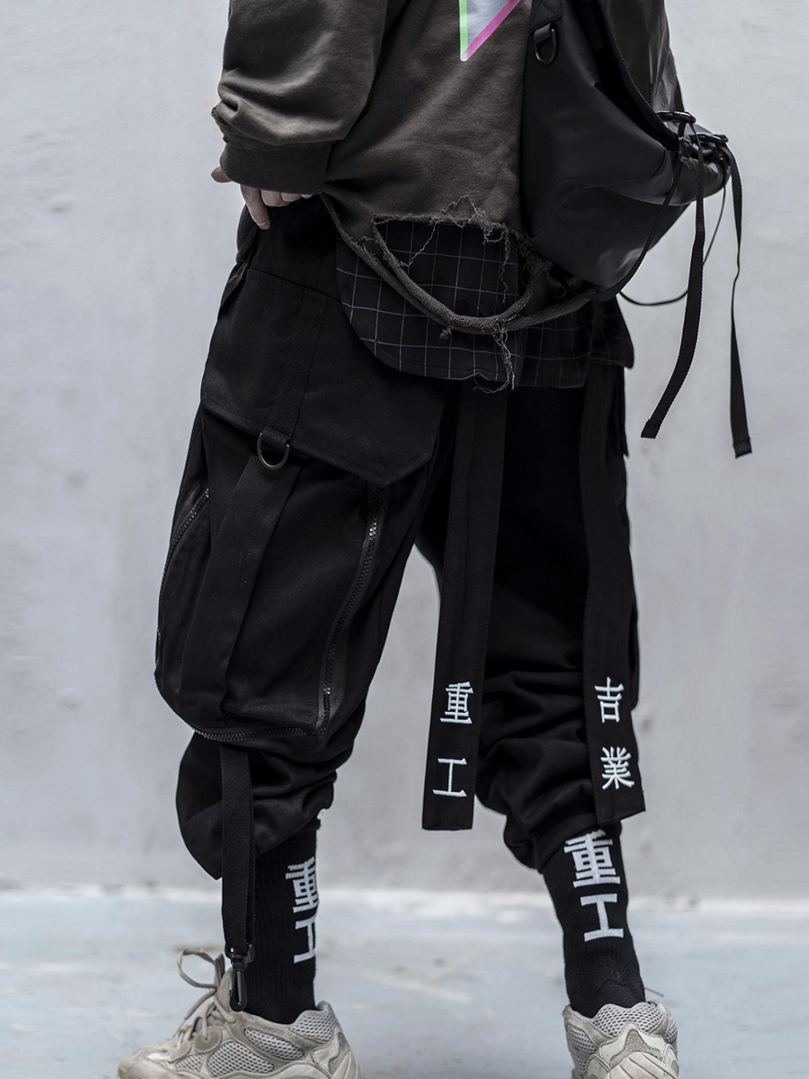 Yujun Japonés Streetwear Techwear Pantalones de Carga para Hombres Baggy Wide Black Jogger