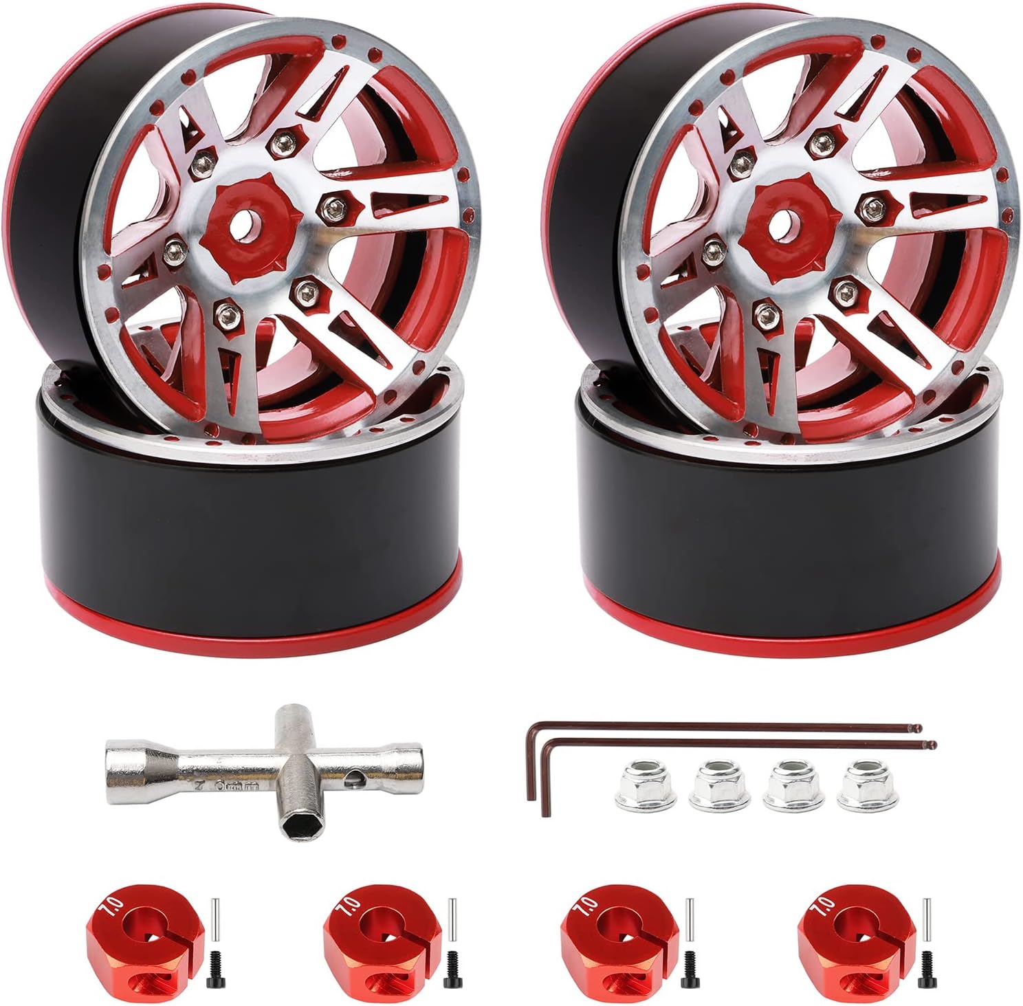 4PCS Aluminum 1.9 Inch Beadlock Wheel Rims for 1/10 RC Crawler Truck TRX4 SCX10 II 90046 RC4WD D90 Tamiya CC01 MST CFX Redcat Gen7 etc, Red & Silver