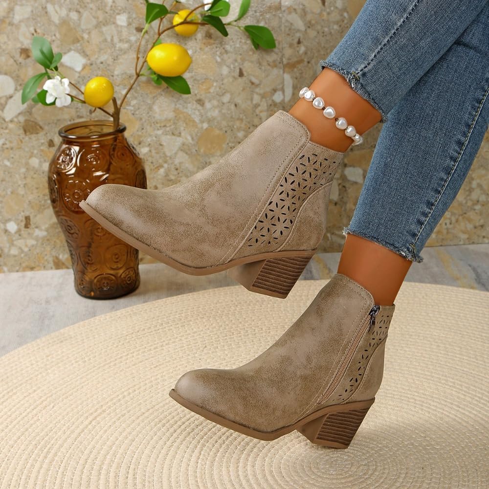 Women's Chunky Mid-Heel Slip-On Leather Orthopaedic Ankle Boots Pointed Toe Hollow Chelsea Boot Chunky Heel Cowboy Boot