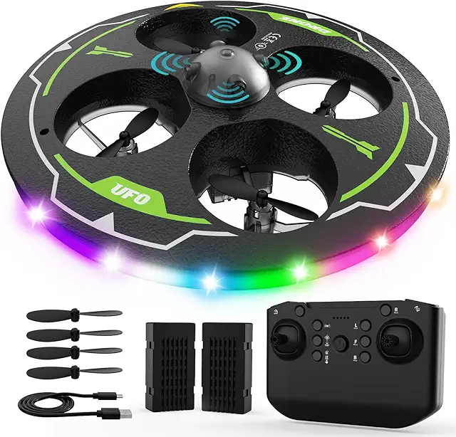 Imagen relacionada con UFO Drone para Principiantes 360 ° Para Evitar Obstáculos Múltiples Modos de Iluminación, Hecho de Espuma, Durable y Seguro Quadcopter RC Avión Dron 360 ° Flip Estabilización de Altitud 2 Baterías