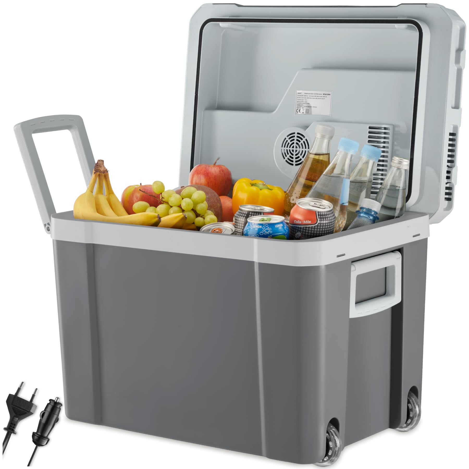 tectake® 2in1 elektrische Kühl- und Wärmebox, 35 l Fassungsvermögen, 52,5 x 35 x 40 cm, mit ECO-Modus, leise, 230 V und 12 V für Steckdosen- und Autoanschluss, für Camping, mit Griffen und Rollen