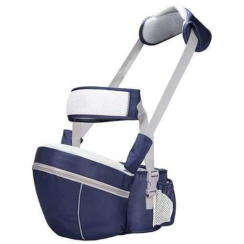 AGUDAN Soporte de asiento de cadera para bebé, taburete ergonómico con bolsillo de correa ajustable, base suave para niños y bebés (azul)