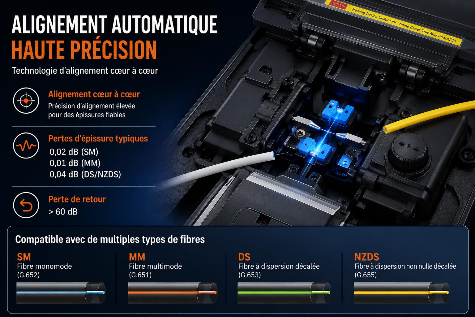 Soudeuse Fibre Optique FTTH 4 Moteurs – Alignement Cœur à Cœur – Écran Tactile 5 Pouces – Épissure 6s / Chauffage 15s – Compatible G652 G657 – Kit Complet
