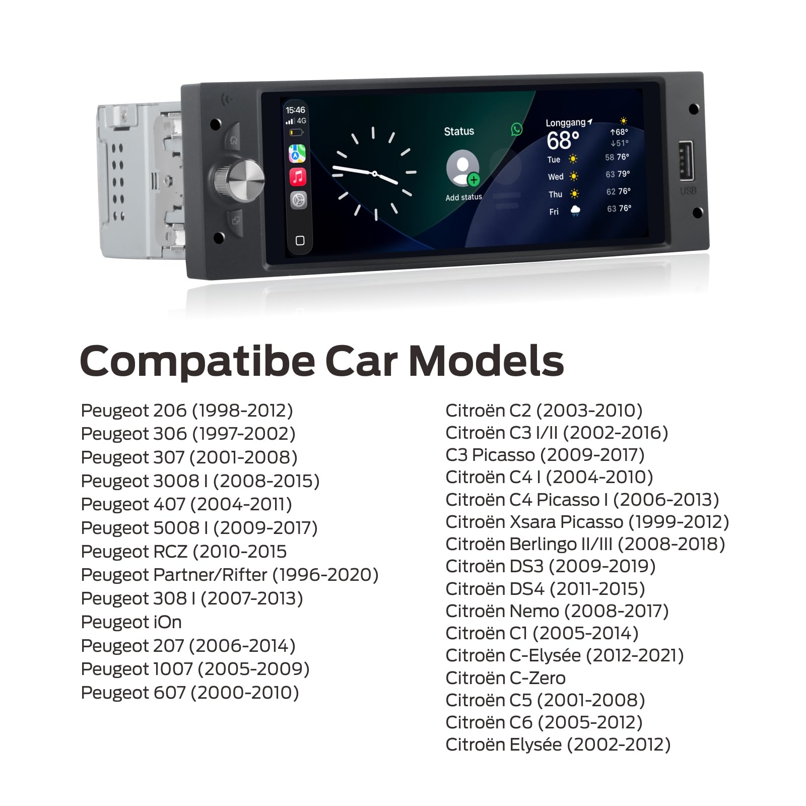 Linux Single DIN Autoradio für Peugeot 206 207 308 3008 Citroën C2 C3 C4 Picasso mit kabellosem CarPlay und Android Auto, Touchscreen, Plug & Play, Bluetooth, FM/AM-Radio