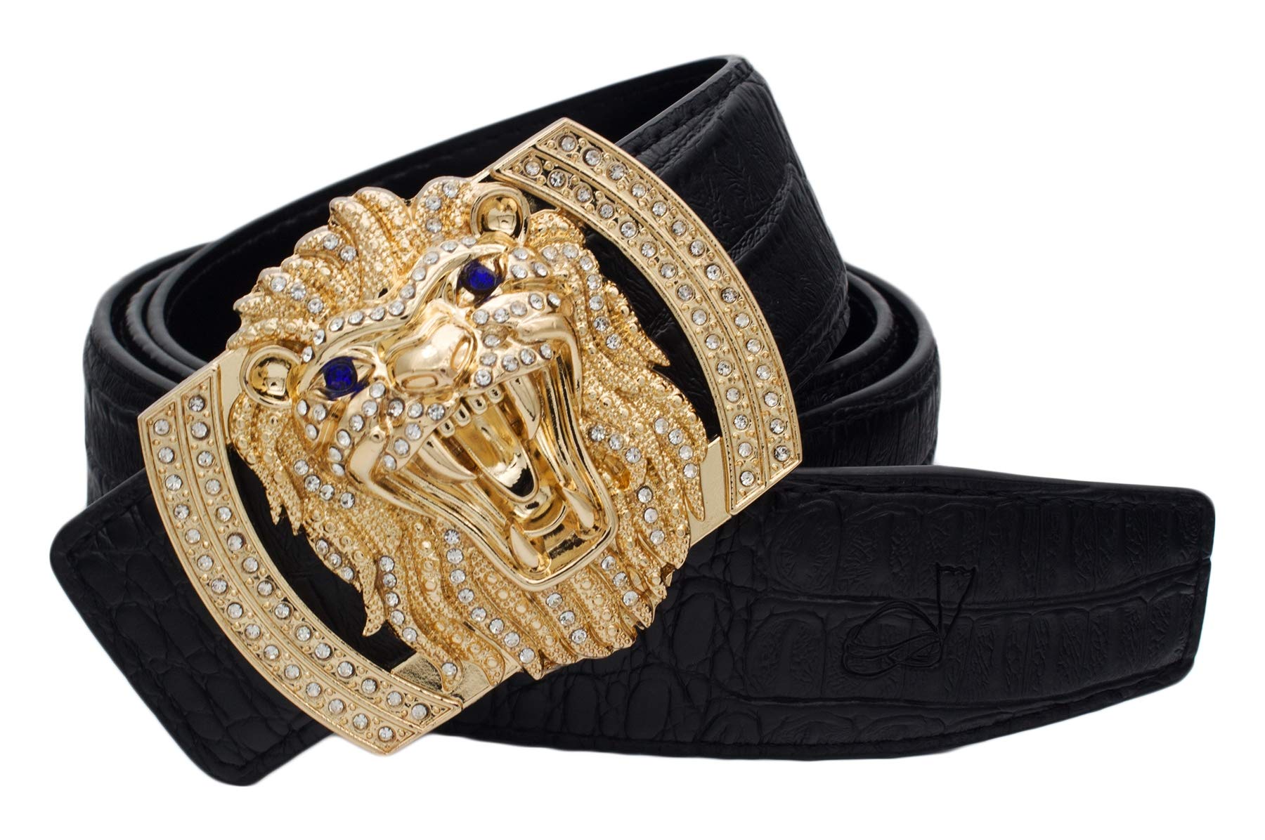 QHA Mens Leather Belt Alligator Pattern Strap Lion Diamond Buckle 38mm Wide Q74 Gold Black 36"-40"