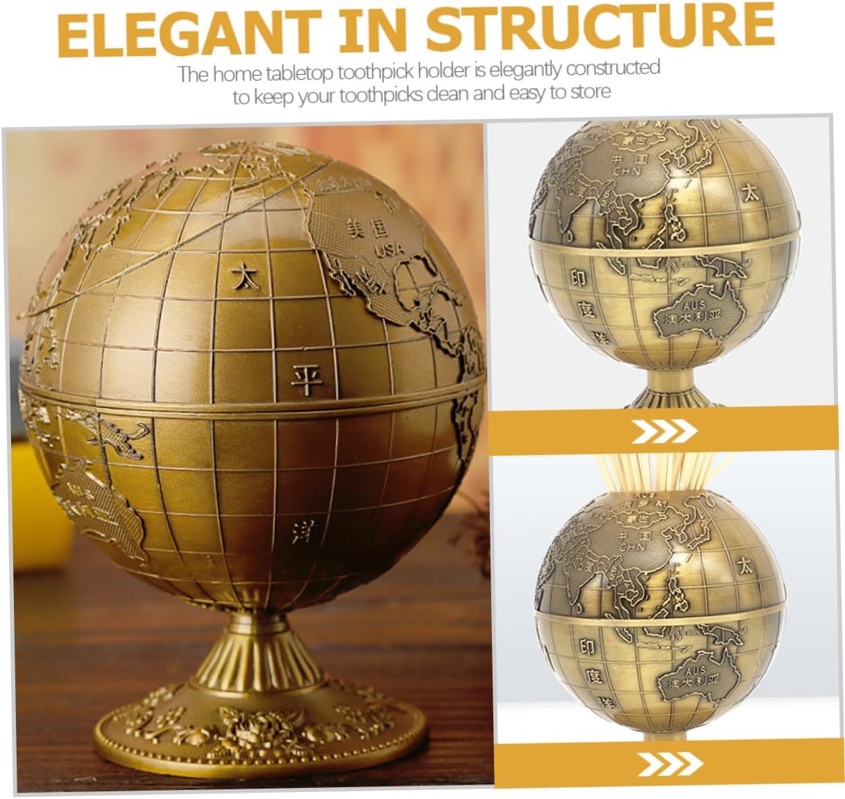 Toyvian Sphere Earth Pattern Press-type Toothpick Holder with Lid, Copper Finish 360° Rotating Toothpick Dispenser for Home Kitchen Dining Table Use