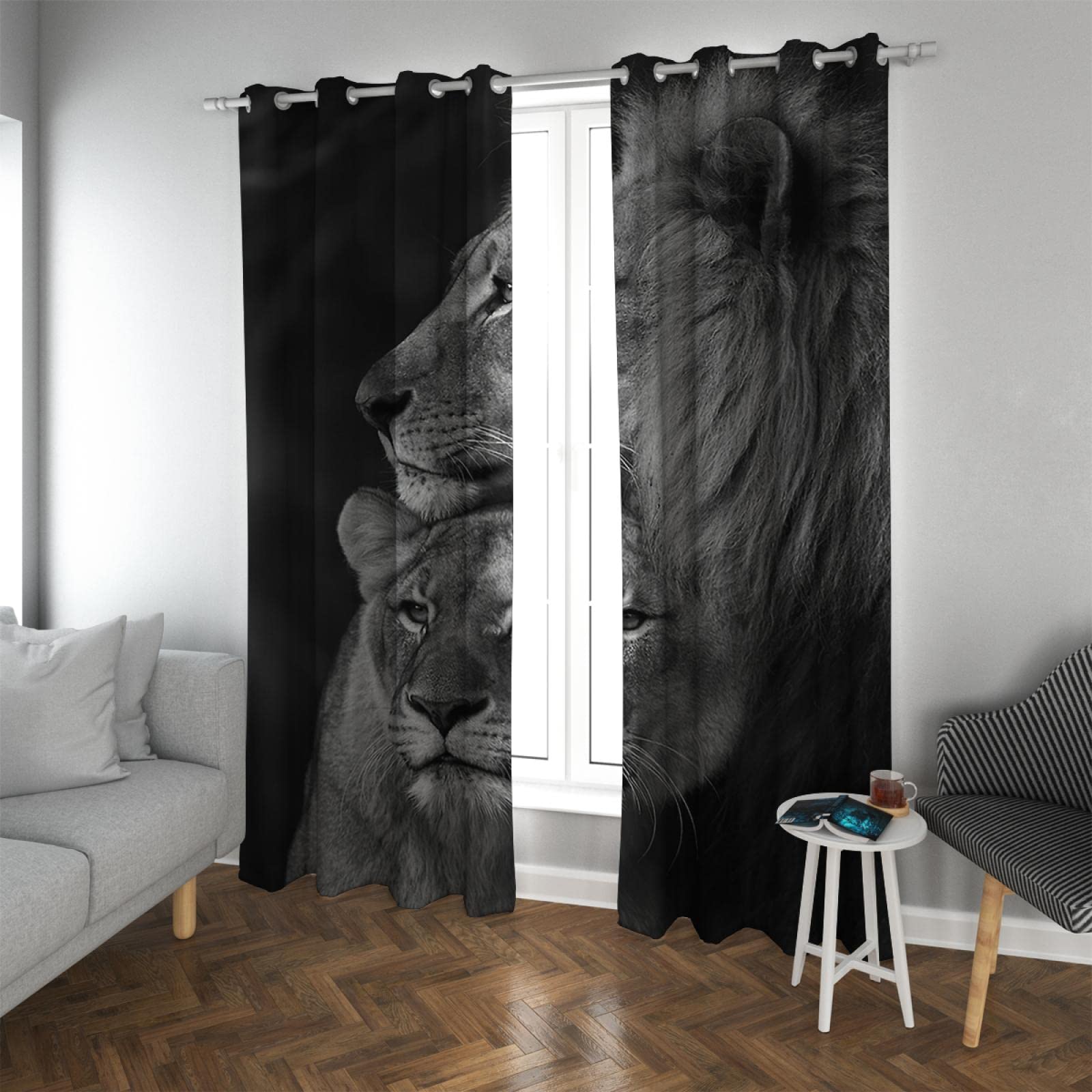 RUIHOME Decor Blackout Curtains Thermal Insulated Blackout Drapes Ring Top Curtains for Bedroom Windows 2 Panels - Lions Lean Close to Together 90"x108"