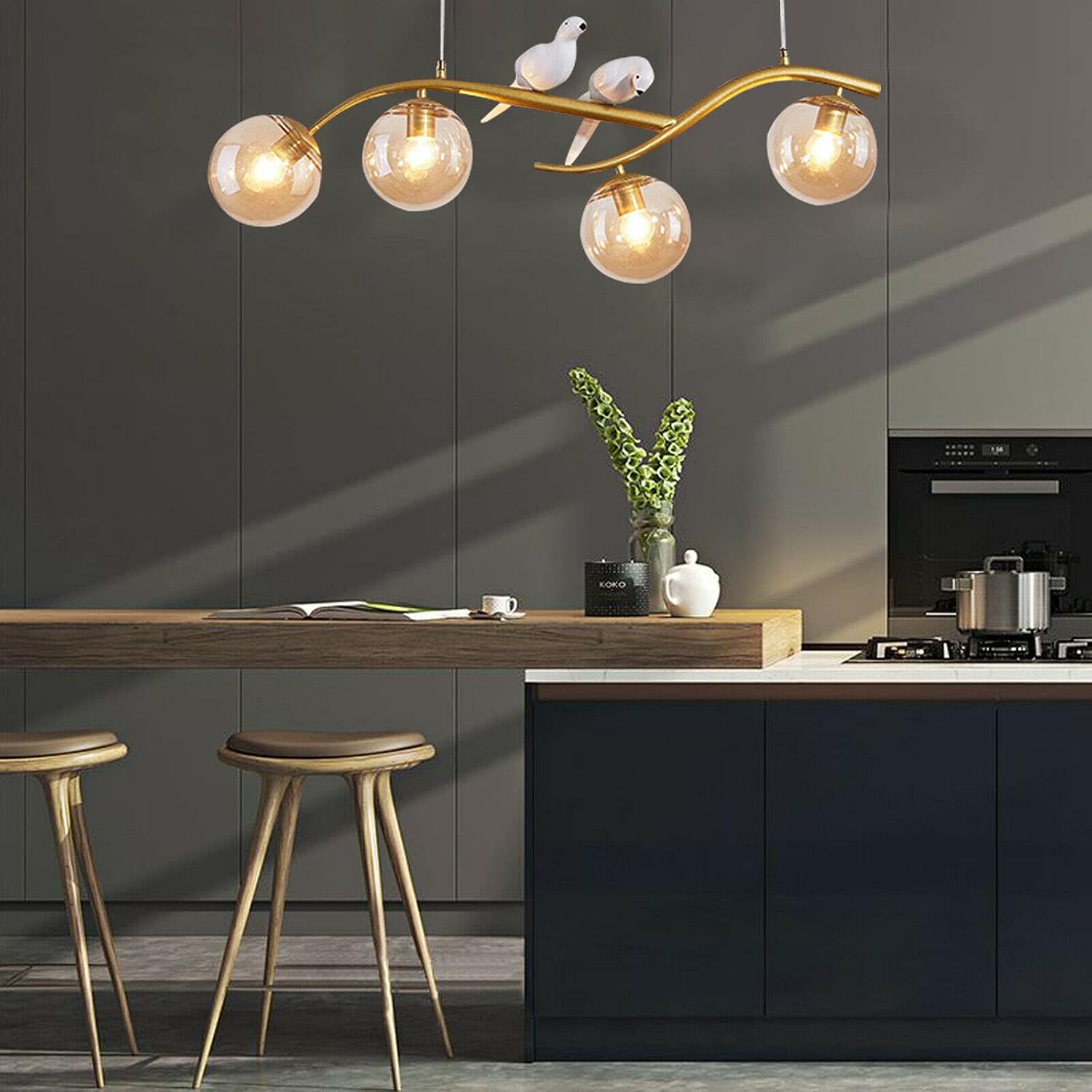 Sputnik Chandelier 4-Light Brushed Brass Pendant Lighting Mid Century Handmade Resin Bird Pendant Lighting with Gold Glass Ball for Bedroom Living Room Kitchen Dining Room